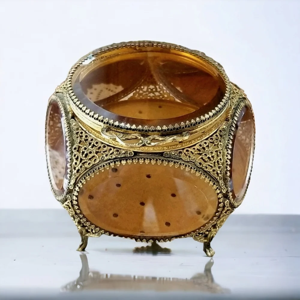 Vintage French Brass Filigree Amber Beveled Glass Ormulu Jewelry Box Casket